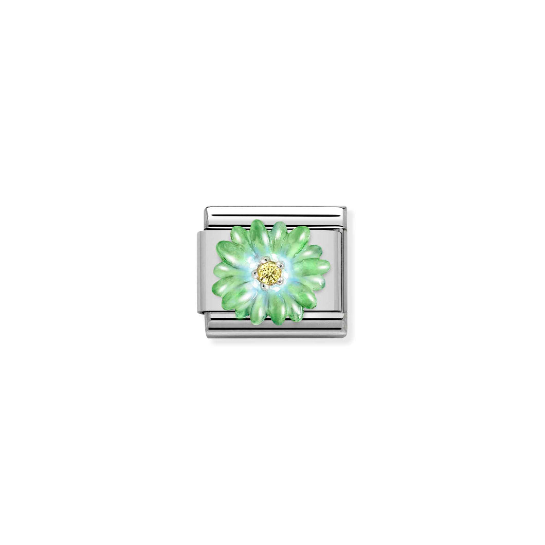 Composable Classic Link Green Flower In Silver And Enamel With Stone