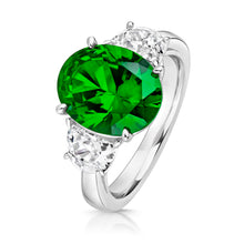 Load image into Gallery viewer, Three Stone Ring Green Oval Cubic Zirconia Centre Stone
