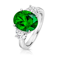 Load image into Gallery viewer, Three Stone Ring Green Oval Cubic Zirconia Centre Stone