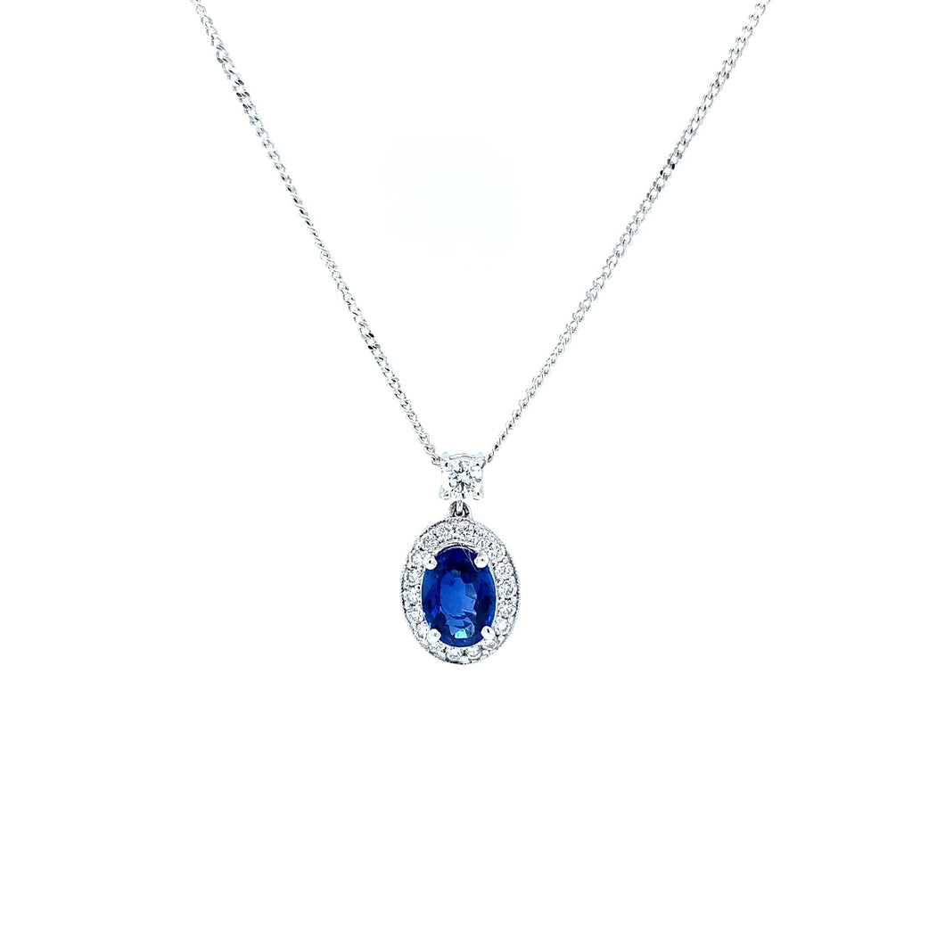 18ct White Gold Sapphire And Diamond Oval Cluster Pendant