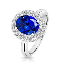 Load image into Gallery viewer, Double Halo Dress Ring With Blue Centre Oval Cubic Zirconia
