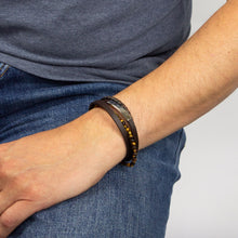 Load image into Gallery viewer, Reborn Multi Row Recycled Brown Leather Bracelet With Stainless Steel ID Bar And Tigers Eye Beads