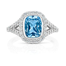 Load image into Gallery viewer, Halo Style Ring With Split Shoulder 9x7mm Pale Blue Cushion Cut Centre