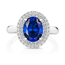 Load image into Gallery viewer, Double Halo Dress Ring With Blue Centre Oval Cubic Zirconia