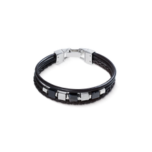 Load image into Gallery viewer, Black Leather Bracelet 3-Strand With Banded Onyx And Graphic Relief Stainless Steel Cubes
