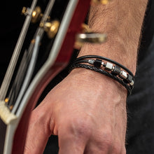 Load image into Gallery viewer, Black Leather Bracelet 3-Strand With Banded Onyx And Graphic Relief Stainless Steel Cubes
