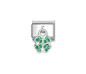 Composable Classic Link Silver Pendant Four Leaf Clover Symbol With Green Stones