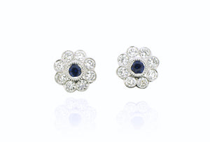 18ct Diamond And Sapphire Flower Cluster Earrings