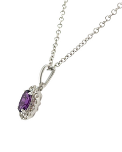 9ct White Gold Oval Amethyst And Diamond Cluster Pendant