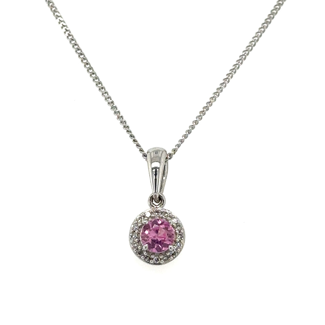 9ct White Gold Round Pendant With Pink Sapphire And Diamonds