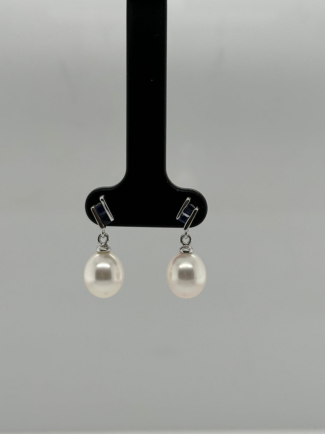 9ct White Gold Fresh Water Pearl And Sapphire Drop Earrings