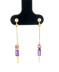 9ct Yellow Gold Pink Tourmaline And Amethyst Earrings