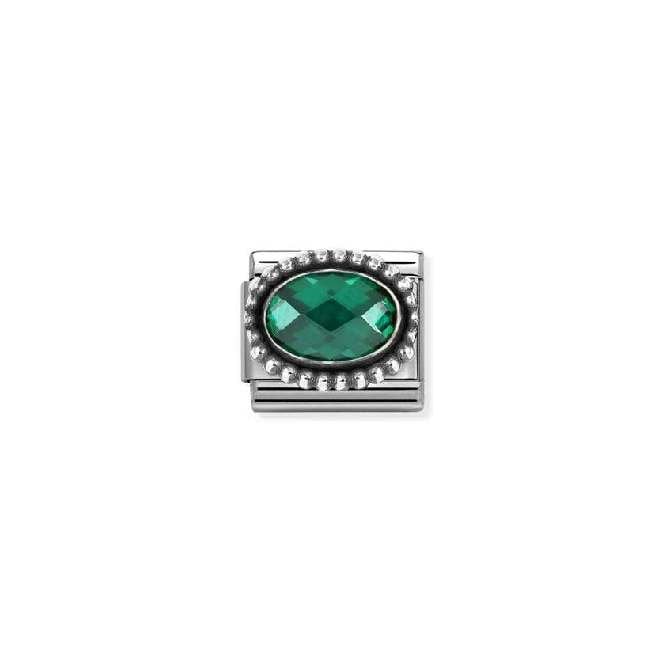 Composable Classic Link Oxidised Silver With Oval Faceted Emerald Green Coloured Stone