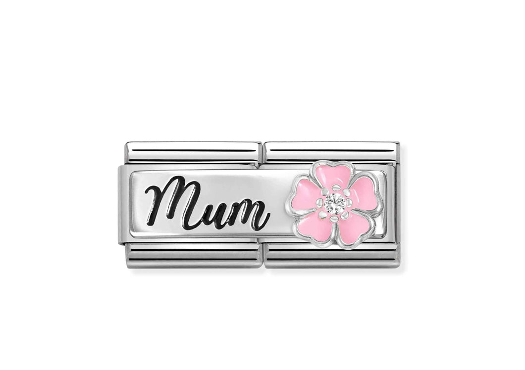 Composable Classic Double Link Mum With Big Pink Flower In Silver And Enamel With Stone