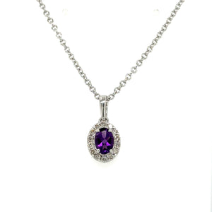 9ct White Gold Oval Amethyst And Diamond Cluster Pendant