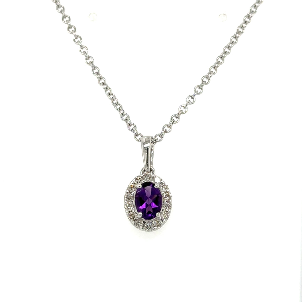 9ct White Gold Oval Amethyst And Diamond Cluster Pendant