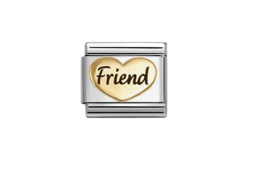 Gold heart-shaped charm with 'Friend' text on a white background