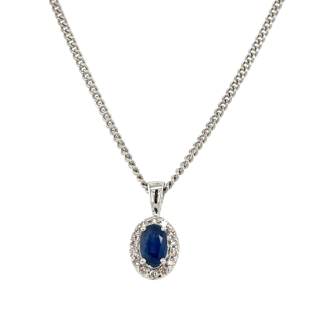 9ct White Gold Sapphire And Diamond Oval Cluster Pendant