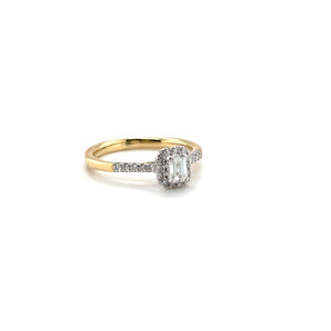 18ct Emerald Cut And Brilliant Cut Diamond Halo Ring