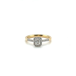 18ct Emerald Cut And Brilliant Cut Diamond Halo Ring