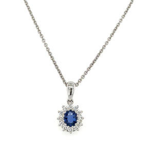 18ct White Gold Sapphire And Diamond Oval Claw Set Cluster Pendant