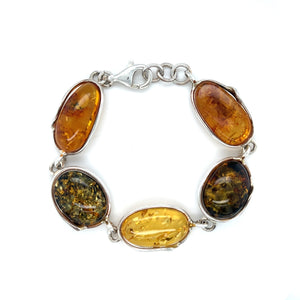 Sterling Silver Three Colour Lozenge Shaped Amber Bracelet