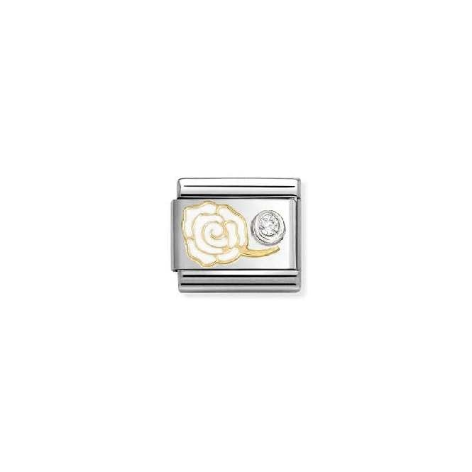 Composable Classic Link Two-Tone Gold, Silver and Enamel White Rose with White CZ