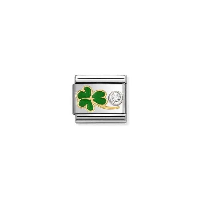 Composable Classic Link Two-Tone Gold, Silver And Enamel Green Clover With White CZ