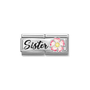 Composable Classic Double Link Sister With Big Pink Flower In Silver And Enamel With Stone