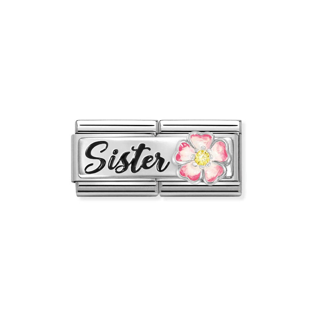 Composable Classic Double Link Sister With Big Pink Flower In Silver And Enamel With Stone