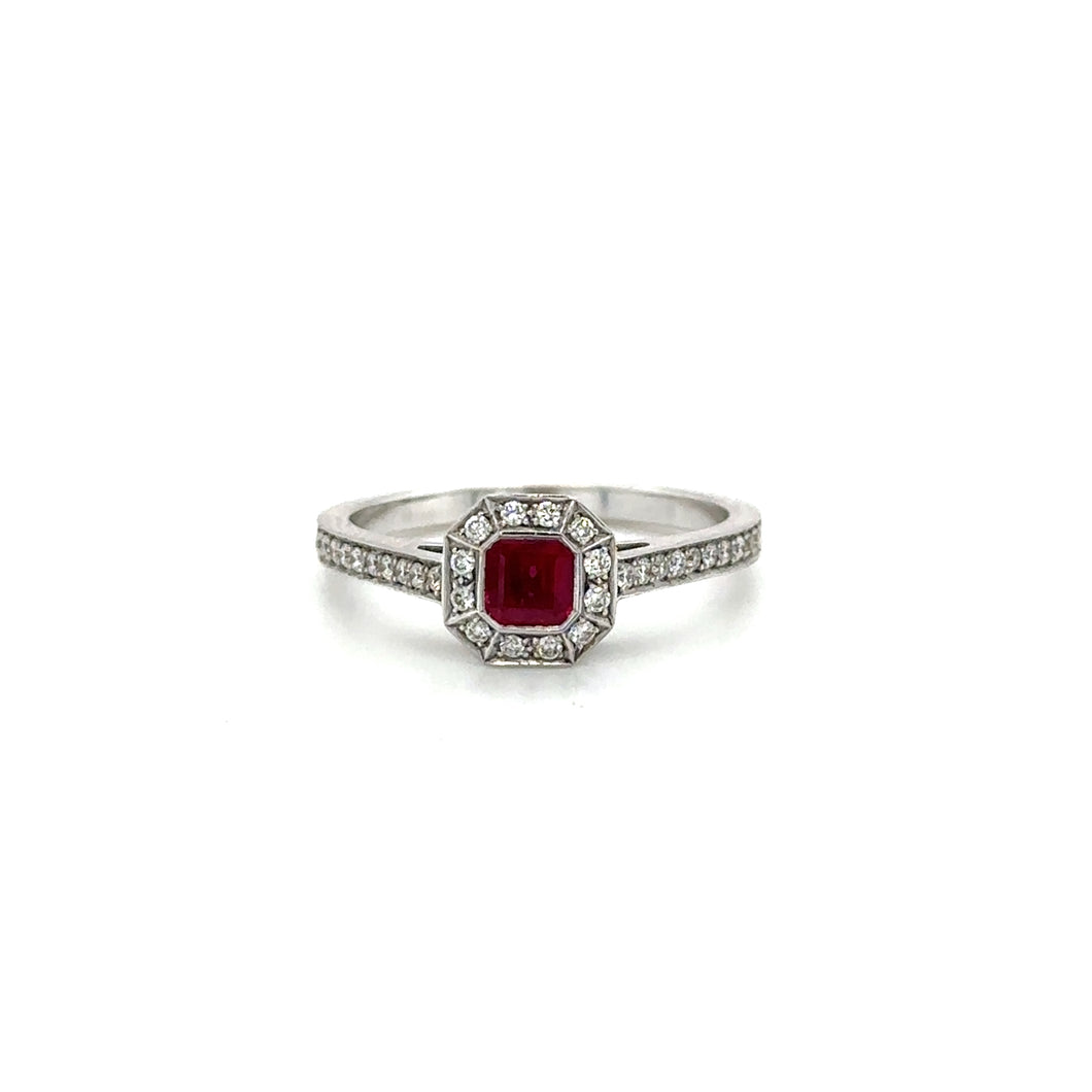 18ct White Gold Asscher Cut Ruby And Diamond Ring