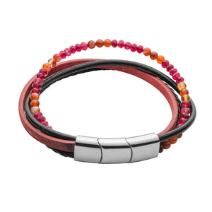 Reborn Multi Row Recycled Leather Bracelet With Stainless Steel Carnelian And Red Agate