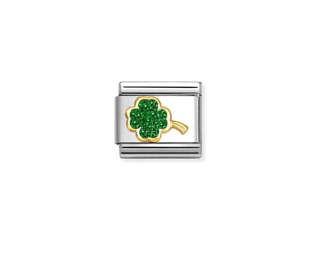 Composable Classic Link Bonded Yellow Gold And Enamel Green Glitter Four Leaf Clover