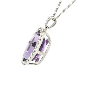 18ct White Gold Oval Amethyst And Diamond Cluster Pendant