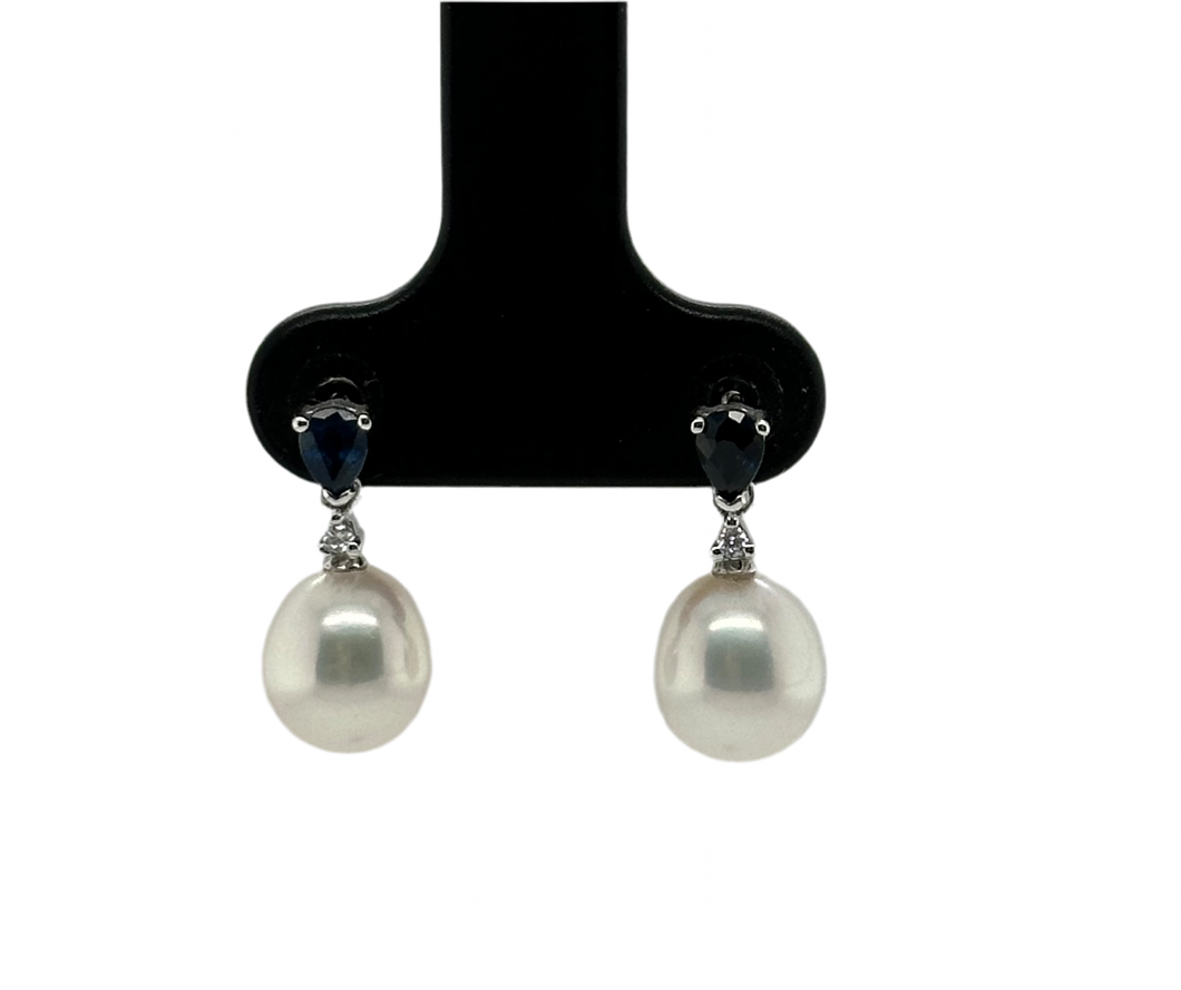 9ct White Gold Fresh Water Pearl, Sapphire And Diamond Drop Earrings