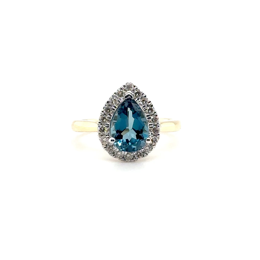 9ct Gold London Blue Topaz And Diamond Cluster Ring