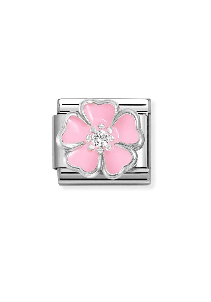 Composable Classic Link Big Pink Flower In Silver And Enamel With Stone