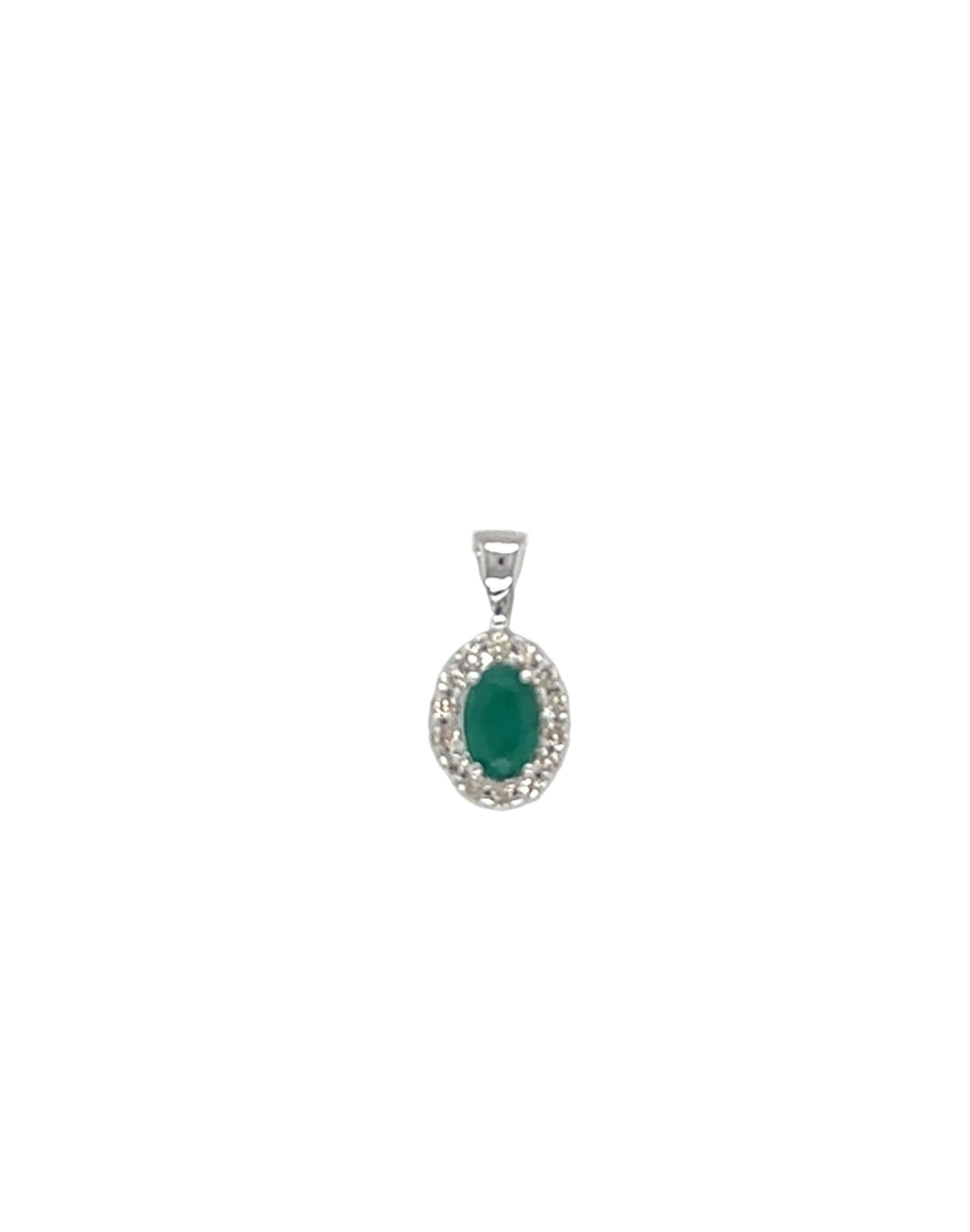 White Gold Emerald And Diamond Oval Shape Cluster Pendant
