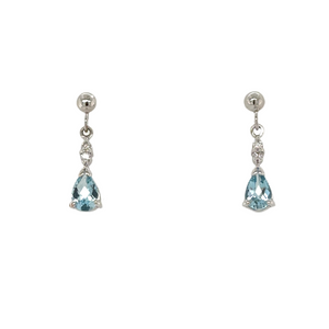 9ct White Gold Pear Shaped Aquamarine And Diamonds Drop Earrings