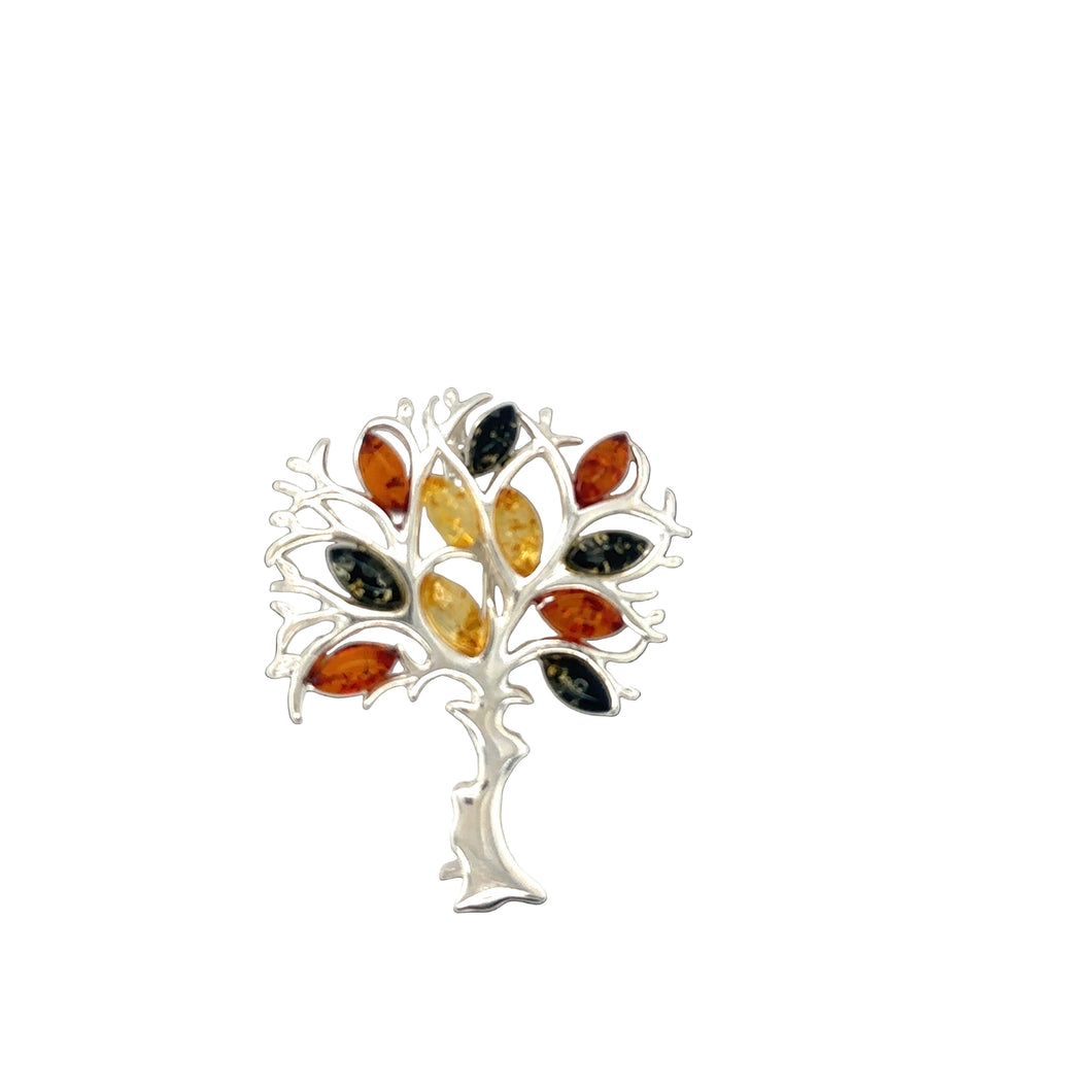 Silver And Three Colour Amber Tree Brooch