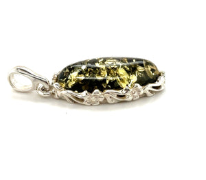 Sterling Silver Elongated Oval Shaped Green Amber Pendant