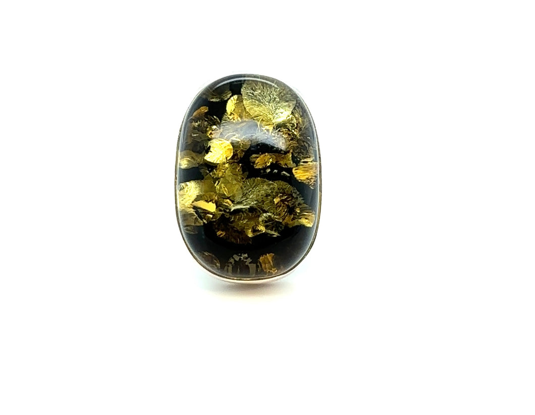 Sterling Silver And Oval Green Amber Ring