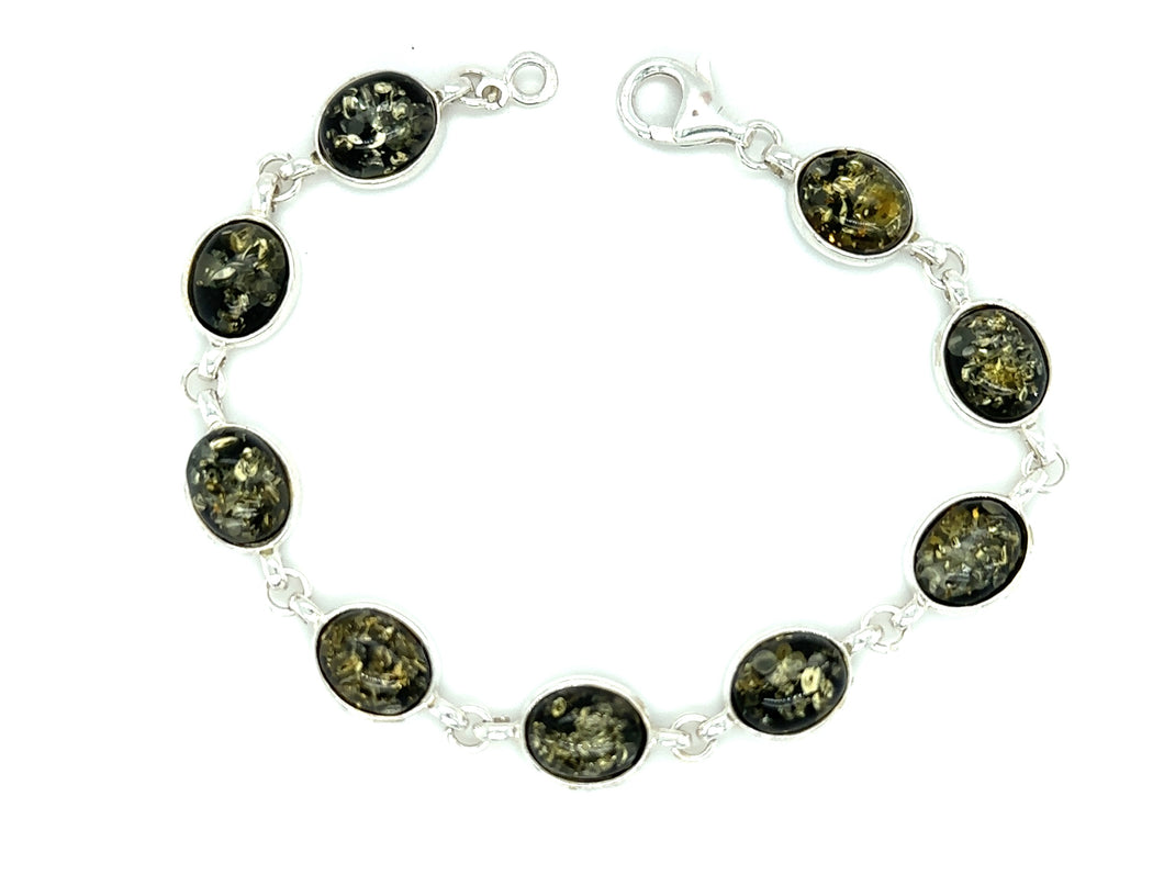 Sterling Silver And Oval Green Amber Bracelet