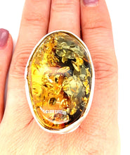 Load image into Gallery viewer, Statement Sterling Silver And Elongated Oval Green Amber Ring
