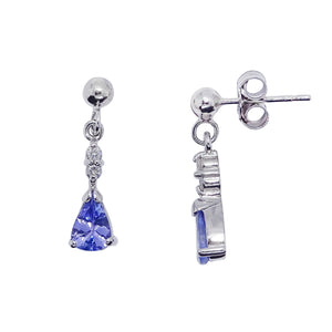 9ct White Gold Pear Shaped Tanzanite And Diamond Drop Earrings