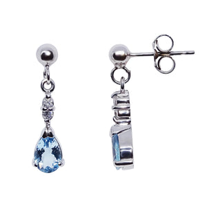 9ct White Gold Pear Shaped Aquamarine And Diamonds Drop Earrings