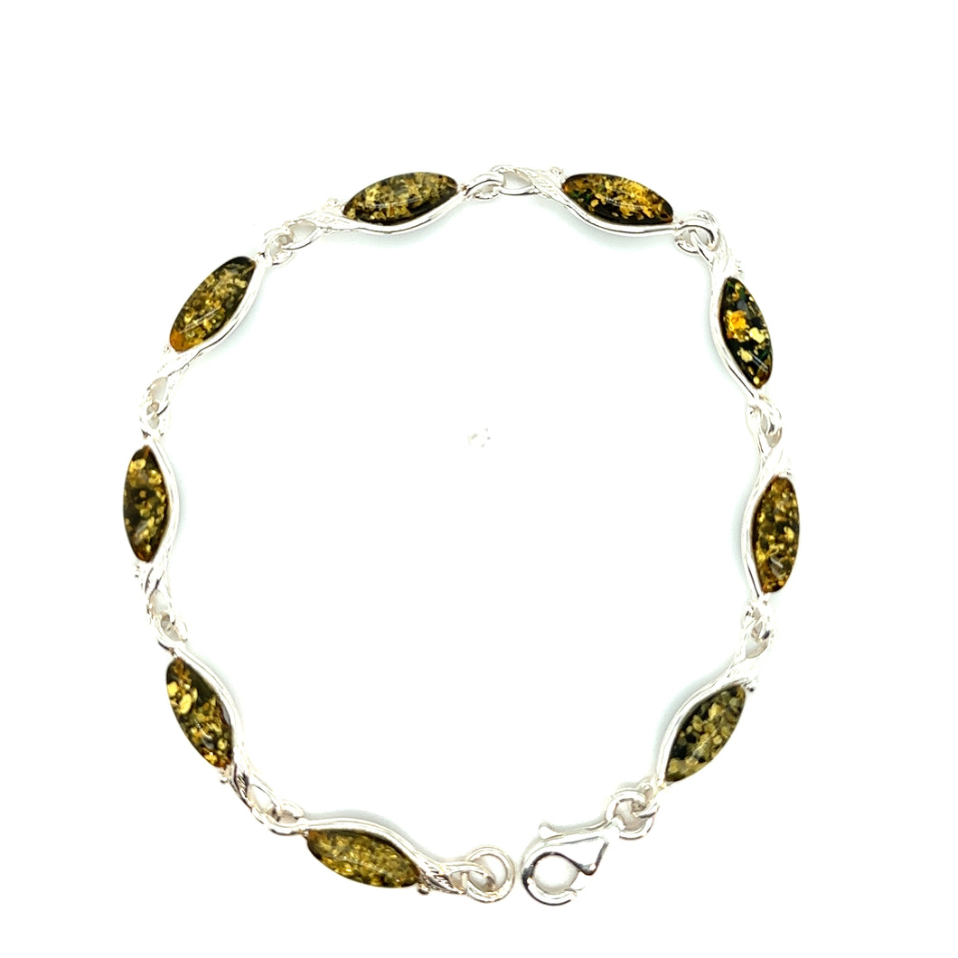 Sterling Silver And Marquise Shape Green Amber Bracelet