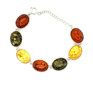 Sterling Silver Three Colour Oval Shaped Amber Bracelet