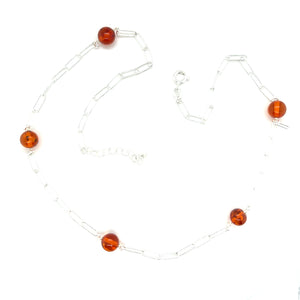 Sterling Silver Paper Clip Link Necklace With Amber