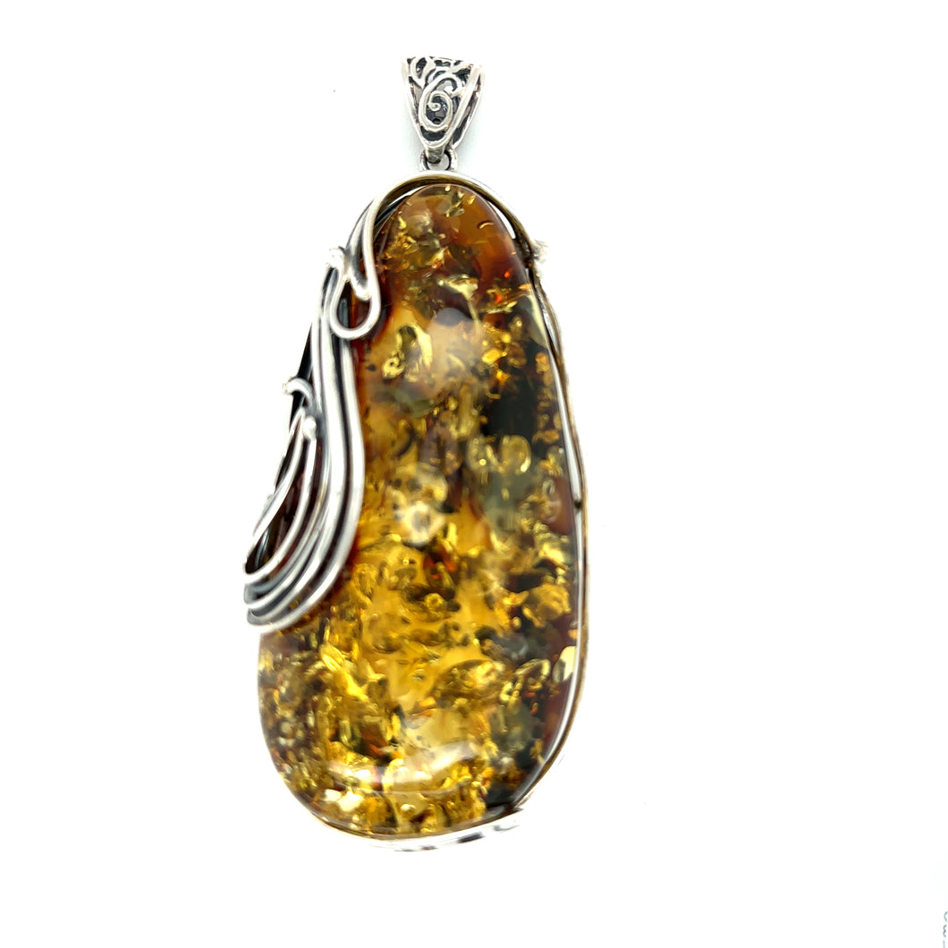 Statement Sterling Silver Pear Shaped Green Amber Pendant